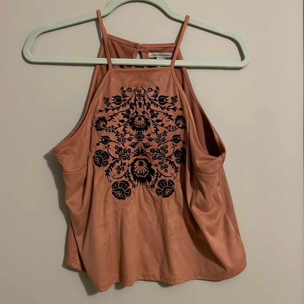 Velvet blush crop top with black floral embroidery